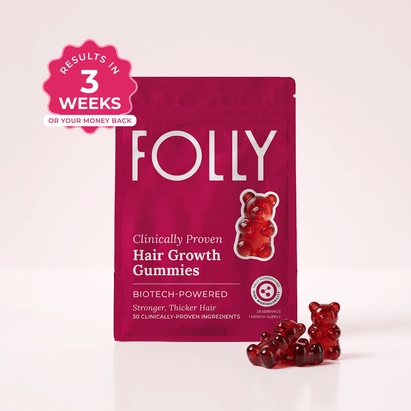 Folly Hair Growth Gummies bag with Results in 3 Weeks or your money back badge
